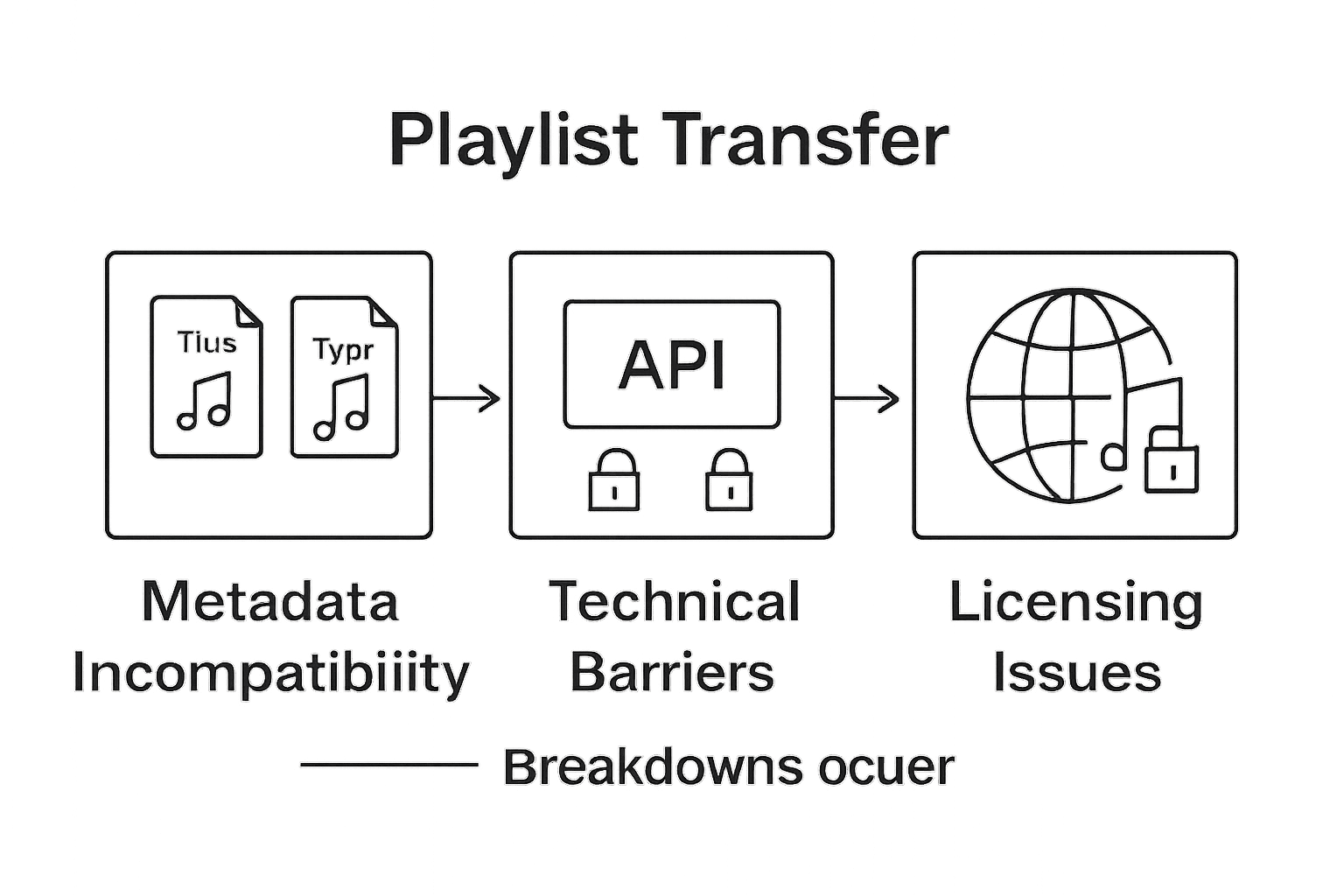 Infographic showing key playlist transfer obstacles: metadata, technical, licensing