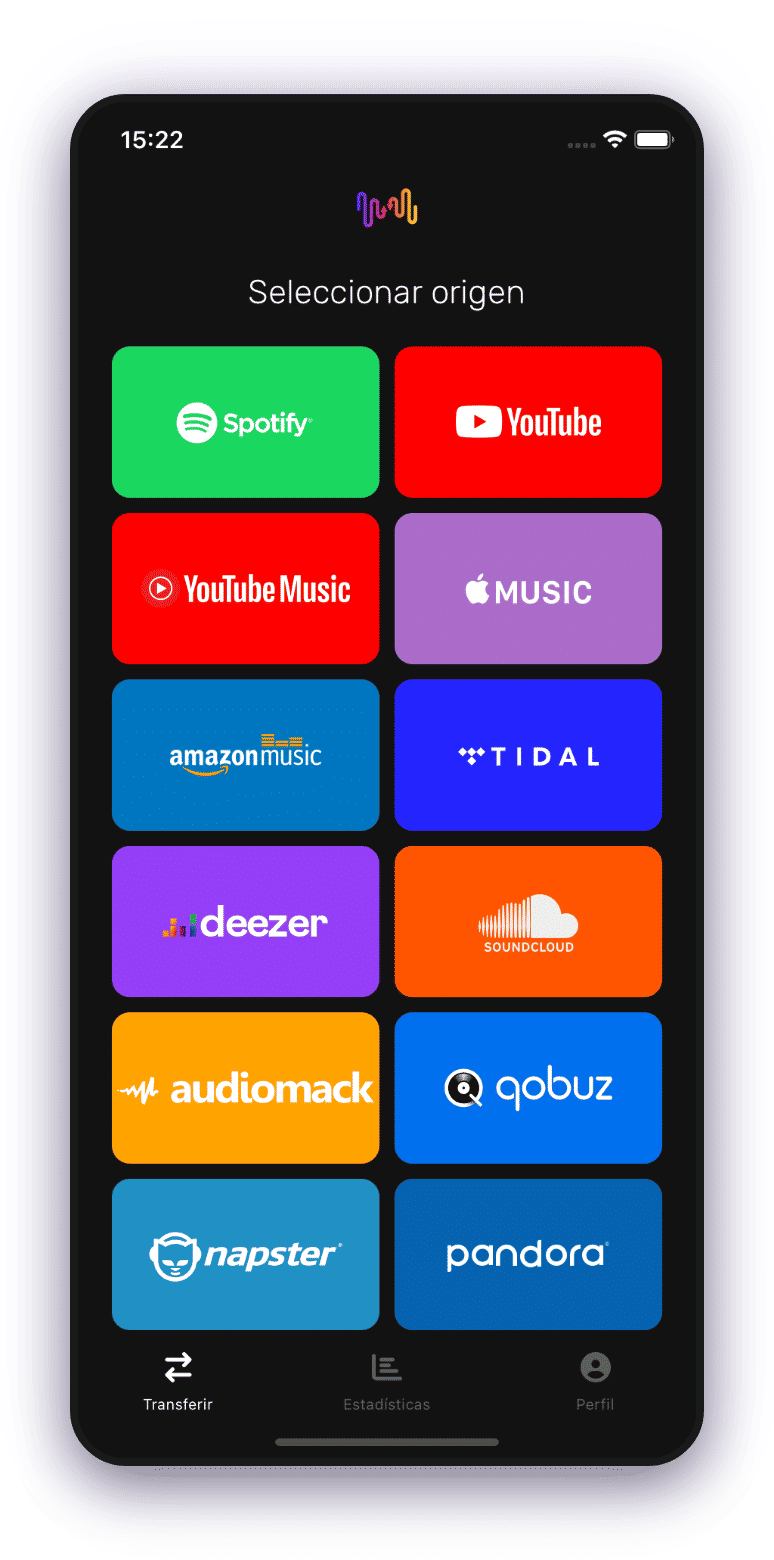 Captura de pantalla de transferencia de listas de reproducción seleccionando Spotify