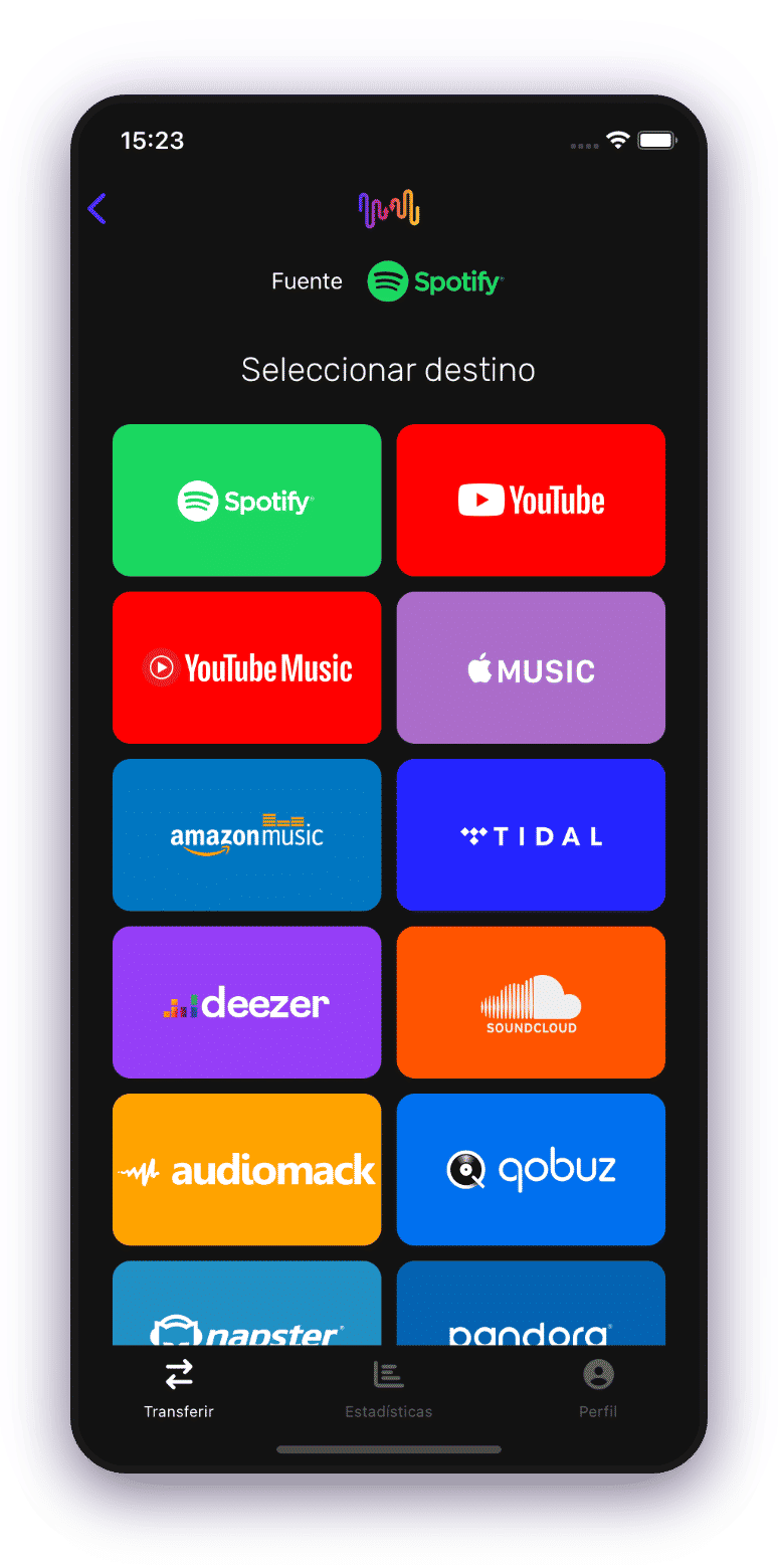 Captura de pantalla de transferencia de listas de reproducción seleccionando Tidal