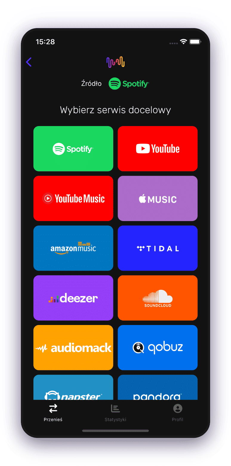 Zrzut ekranu przesyłania listy odtwarzania z wyborem Tidal.