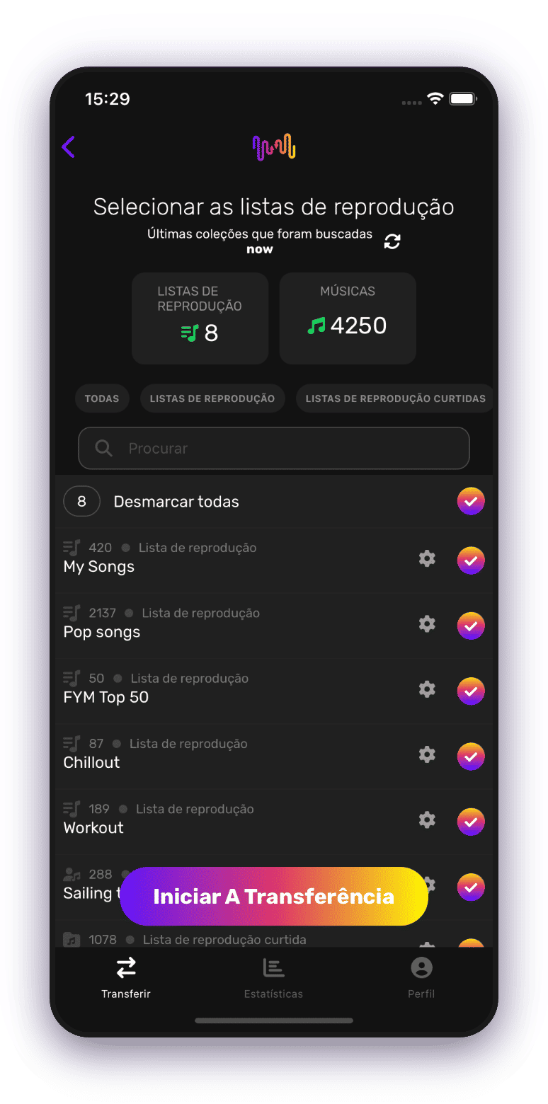 Captura de ecrã da transferência de listas de reprodução selecionadas