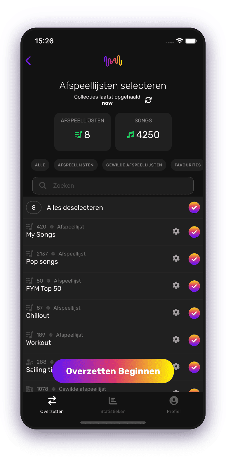 Screenshot van het overbrengen van afspeellijsten