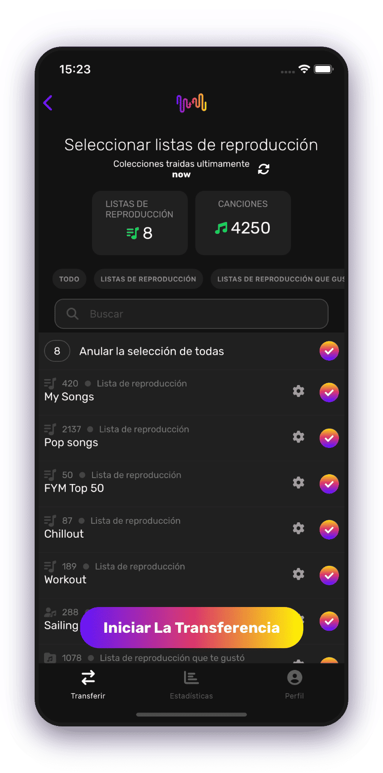 Captura de pantalla de la transferencia de listas de reproducción