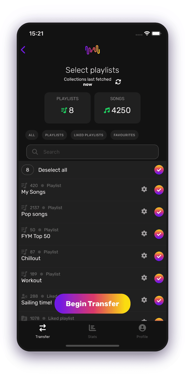 Screenshot of picking playlists transfer