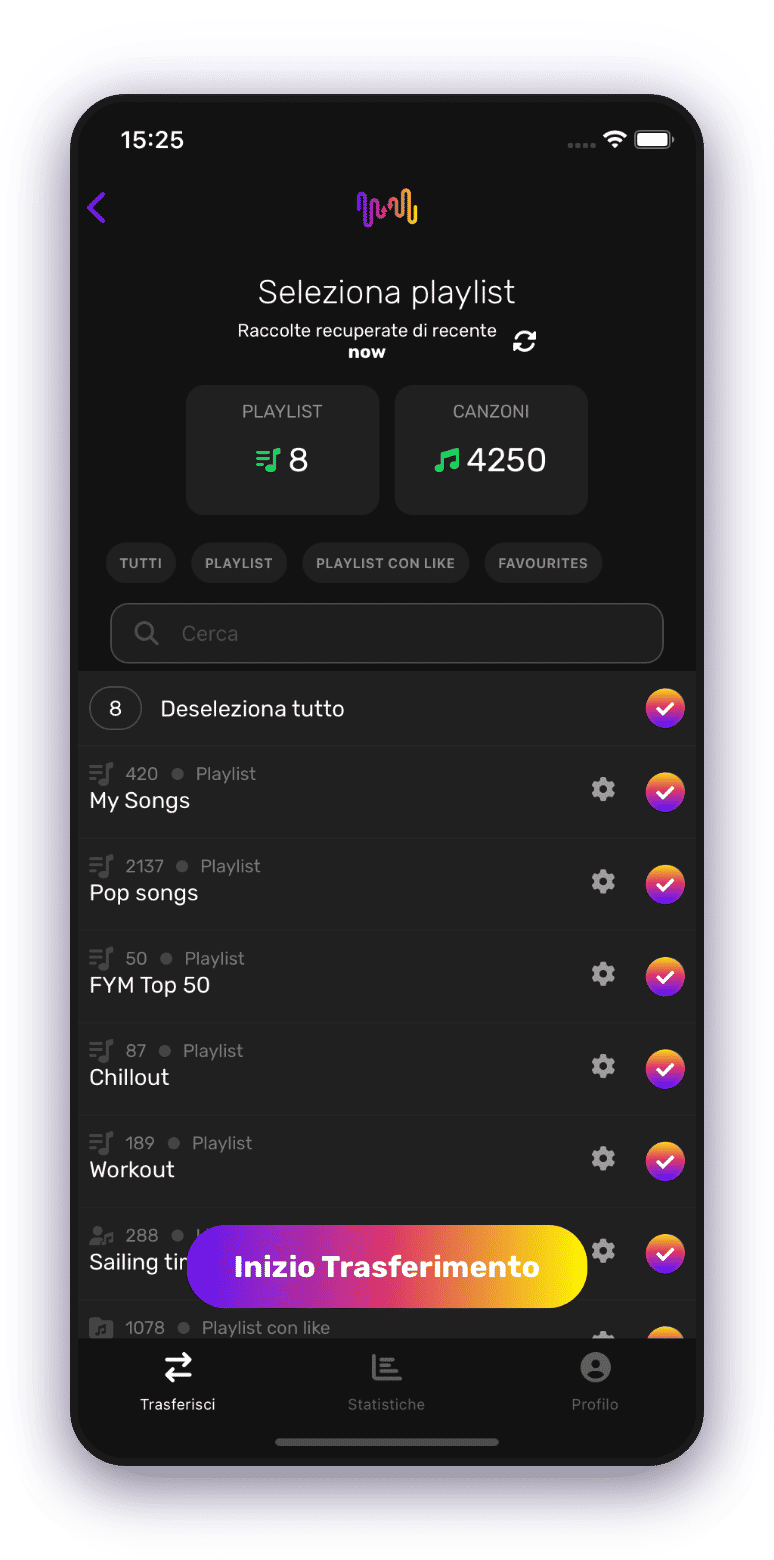 Screenshot della selezione delle playlist da trasferire