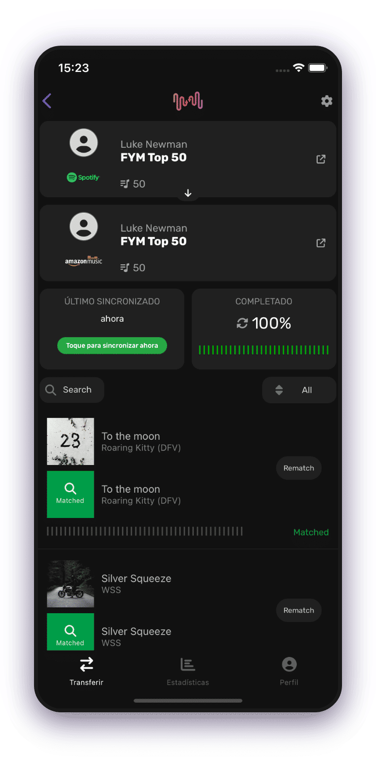 Captura de pantalla de los detalles de la transferencia de listas de reproducción