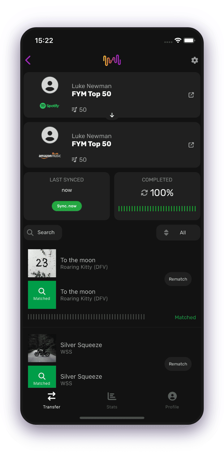 Screenshot of playlist transfer details